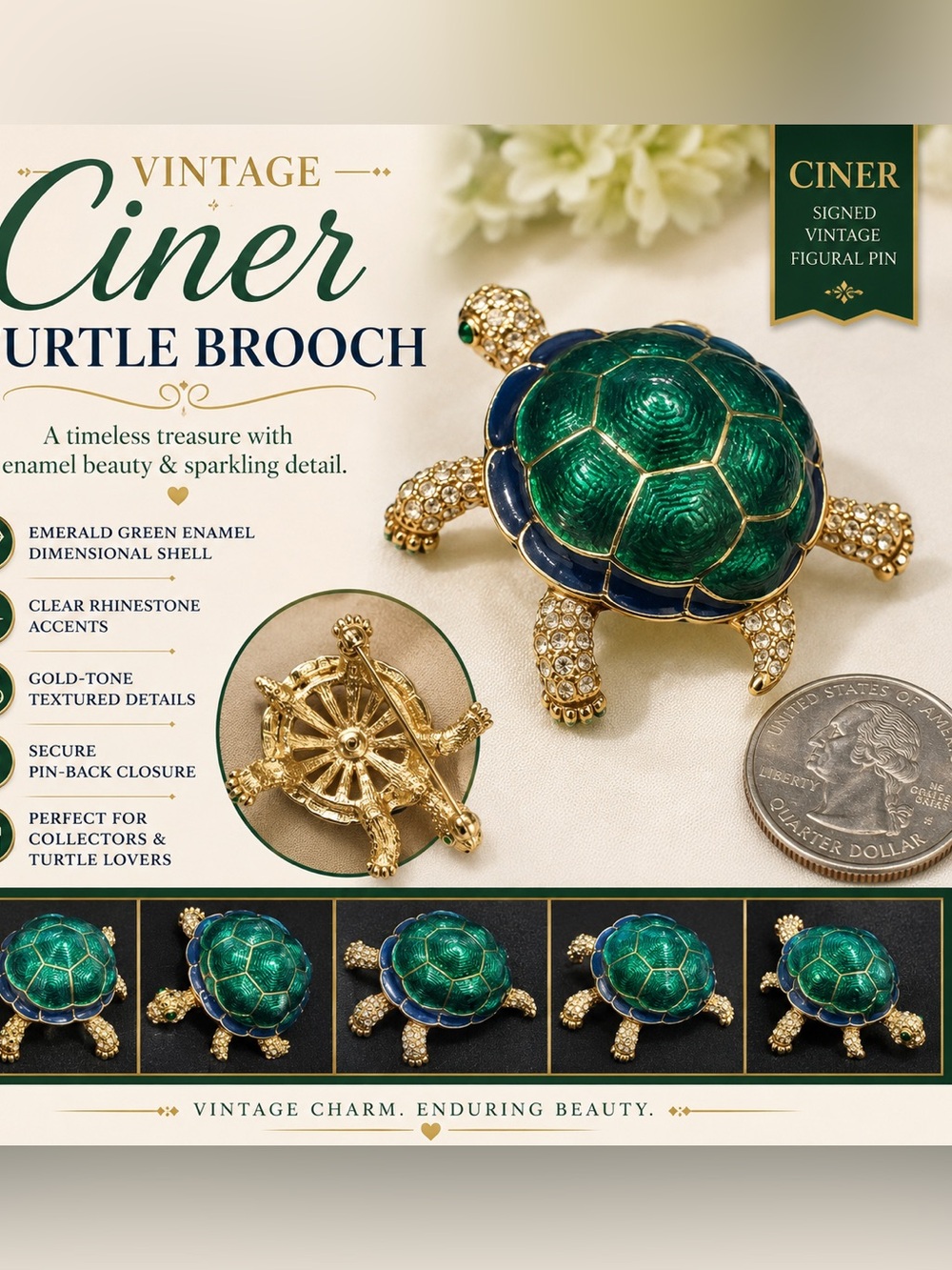 Vintage Ciner Green Enamel Turtle Brooch Rhinestone Gold Tone Figural Pin